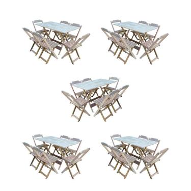 Imagem de Kit 5 Conjuntos de Mesa Dobravel com 6 Cadeiras de Madeira 120x70 para Restaurante e Bar- sem Pintur