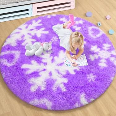 Imagem de EVOIONOS Tapete redondo roxo, 1,2 x 1,2 m, tapete de floco de neve para decoração de quarto congelado, tapete circular de pelúcia para quarto de crianças, berçário, fundo antiderrapante atualizado,