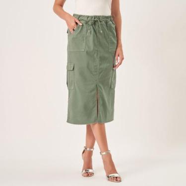 Imagem de Saia Midi Jeans Color Cargo Fenda Frontal - Bloom, Verde relva, 46