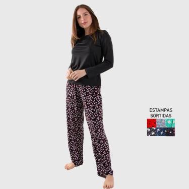 Imagem de Pijama Feminino Longo Blusa Canelada e Calça Estampada - DILUXO, GG, P