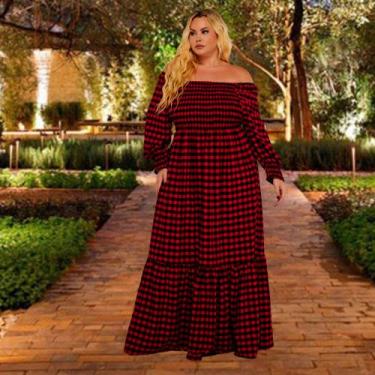 Imagem de Vestido Xadrez Feminino Longo Moda Evangélica Plus Size Lastex Multius