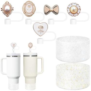 Imagem de 5 peças de topos brilhantes para Stanley Cup 30 e 1,134 g com copos com 2 peças de botas de silicone, design de pérolas de imitação de 10 mm 1 cm, capas de palha branca e garrafas, acessórios de manga