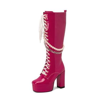 Imagem de Rock88 Botas de cano alto femininas salto bloco, botas longas com corrente e enfeites de pérola, botas altas com zíper lateral para festa de aniversário e vestido de encontro, rosa vermelha, 40