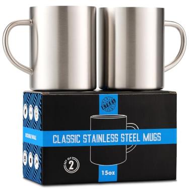 Imagem de Canecas de café de aço inoxidável – Canecas de aço inoxidável de parede dupla de 425 g com alça, xícaras de café de metal para chá, conjunto de 2 canecas isoladas – Livre de BPA, duráveis, canecas de