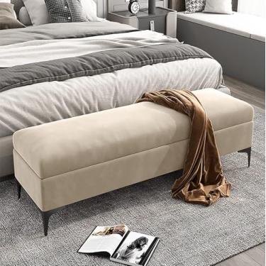 Imagem de Banco otomano de armazenamento, banco de armazenamento estofado de veludo na extremidade da cama, banco de quarto de armazenamento premium com armazenamento, sem necessidade de montar, cáqui, 80 x 40