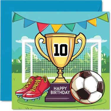 Imagem de Stuff4 Cartão de aniversário de 10 anos menino - troféu campeões vencedores - cartão de aniversário de futebol para meninos de 10 anos, cartões de 10 anos de idade, 5,7 polegadas Footy Greeting