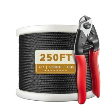 Imagem de Kallsday Cabo de Aço Inoxidável Preto Kallsdy 250 Pés 1/8" T316, Cabo de Aeronave de Cabo de Aço Preto para Kit de Corrimão de Cabo de Convés, Balaustradas Faça Você Mesmo, Constru (250Ft Com Um Corta