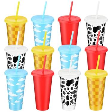 Imagem de Havawish Copo de plástico com tampa e canudo, 12 peças de copos de plástico reutilizáveis com nuvem azul e branca de 680 g com tema de vaca para artigos de festa de carnaval de aniversário