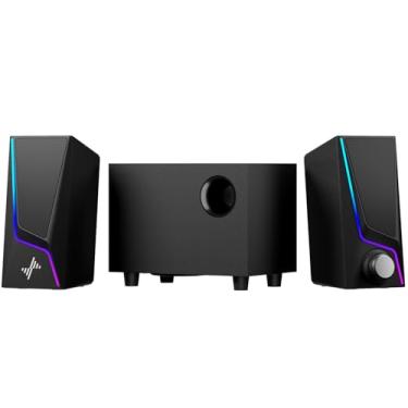 Imagem de Nylavee Alto-falantes de computador com subwoofer, sistema de alto-falantes de PC Hi-Fi 2.1 com 6 modos de iluminação, graves aprimorados, Plug and Play, alimentado por USB/USB-C e entrada auxiliar de