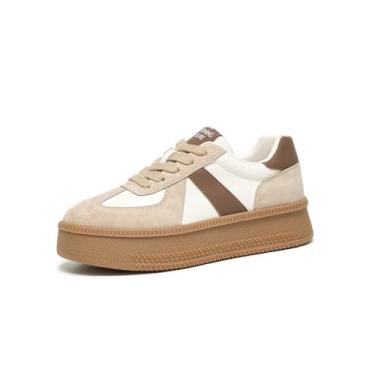 Imagem de BEAU TODAY Tênis feminino moderno de plataforma, tênis retrô clássico, sapatos de skate casuais de couro, tênis confortável para corrida e caminhada, Bege-marrom, 39