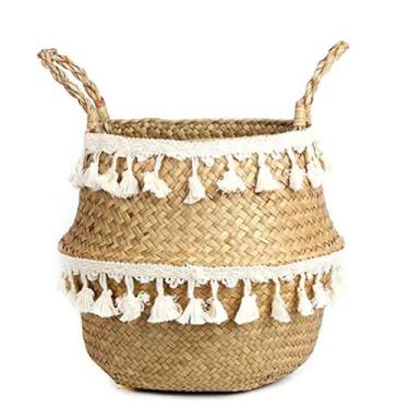 Imagem de PY3H69 Cesta de armazenamento de algas marinhas cesta de lavanderia de renda cesta de flores de vime natural organizador de brinquedos de palha, preto e branco (branco 1,32 x 28 cm)