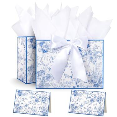 Imagem de Crisky Bolsa de presente grande de 33 cm para mulheres com papel de seda e cartão, sacos de presente florais azuis para casamentos, chás de panela, noivados