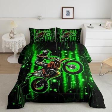 Imagem de meiyoeat Conjunto de edredom infantil de motocross, corrida, motocross, esportes radicais, respirável, verde, listrado, decoração de quarto