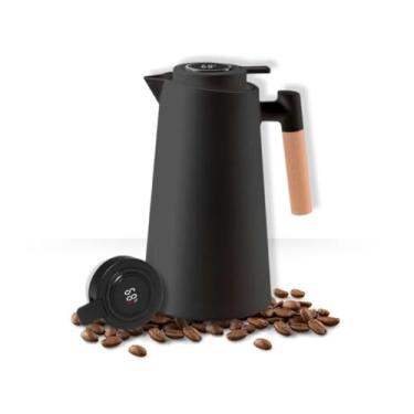 Imagem de Garrafa Térmica 1L Elegante com Cabo de Madeira – Preta | Conserva Quente e Frio por 12h, Gatilho para Servir, Ideal para Café e Chá - Design Elegante e Funcionalidade Premium