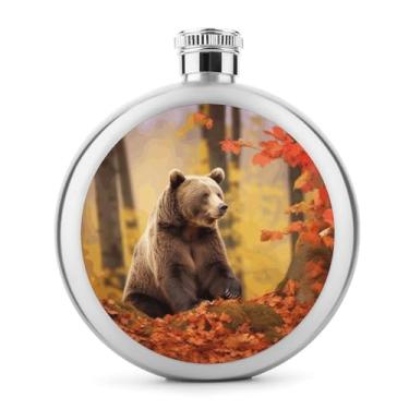 Imagem de Cantil clássico com estampa de urso marrom no outono, frasco de aço inoxidável para licor, frasco de bolso de 142 g