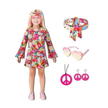 Imagem de MOMMY'S NEW MAN Vestido hippie infantil para meninas dos anos 60 e 70 com flores de Halloween, discoteca, paz e amor, Amarelo, 10