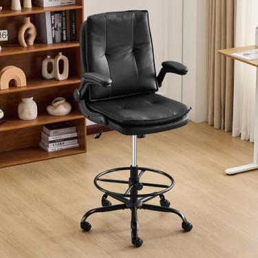 Imagem de Karl home Cadeira de desenho, altura ajustável para mesa em pé, apoios de braços flip-up, cadeira de escritório giratória alta com estofamento de poliuretano, suporte lombar ergonômico, anel de pé