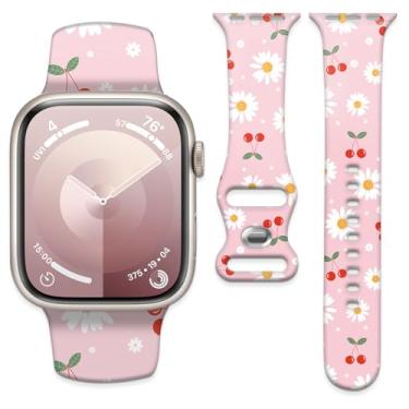 Imagem de Pulseira de silicone macio de 38 mm, 40 mm, 41 mm e 42 mm, pulseira de substituição com fecho clássico para Apple Watch Series SE 10, 9, 8, 7, 6 5 e Utral (flores rosa)