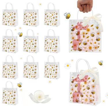 Imagem de JEPELUS 10 sacos de presente transparentes com 1 rolo de fita de 80 m, sacos de lembrancinha de festa de abelha de PVC com alças, linda bolsa de presentes para flores de doces, bolsa pequena para