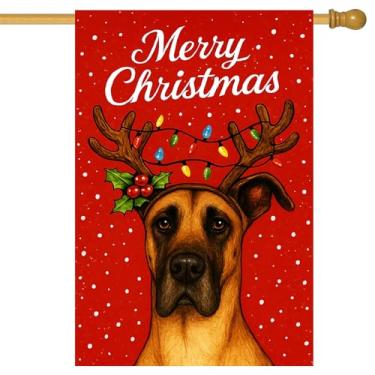 Imagem de BlissYard Merry Christmas Bandeira de jardim Pug Dog vista traseira com chifres de rena 71 x 101 cm, bandeiras grandes de quintal dupla face para amantes de cães, casa, ao ar livre, férias de inverno