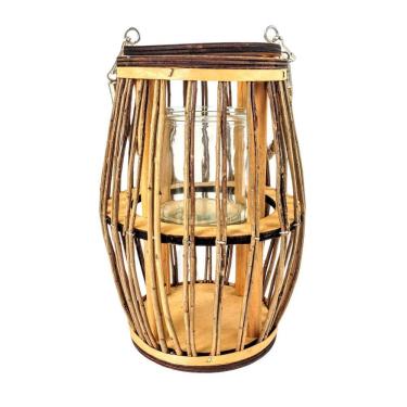 Imagem de Lanterna Lampião Castiçal Madeira Corda Vidro Rústico 22Cm