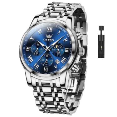 Imagem de OLEVS Relógios masculinos clássicos, à prova d'água, de aço inoxidável, fácil de ler, casual, grande, relógios de pulso analógicos, masculinos, luxuosos, G5529-G-azul, TASUO-S-G5529G-BL