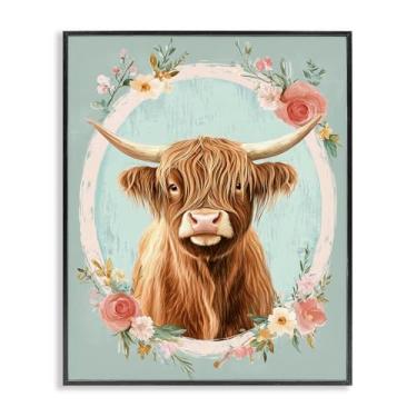 Imagem de Stupell Industries Vaca Highland em borda floral preta emoldurada giclée design de arte por Petal Prints Design, 20 x 16