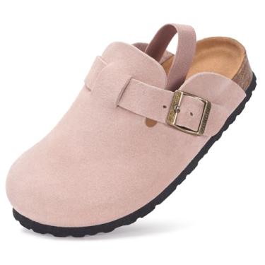 Imagem de ZUSERIS Tamancos infantis de camurça, tamancos infantis, para meninos e meninas, sandálias com palmilha de cortiça, sapatos de batata de couro com fivela ajustável, rosa, 13-13.5 Little Kid