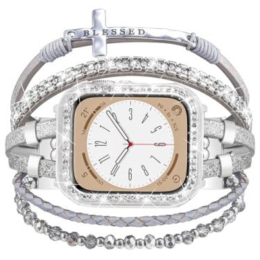 Imagem de Pulseira e capa Boho compatível com relógio Apple 40 mm, 44 mm, 45 mm, 46 mm, 41 mm, 38 mm e 42 mm(S10), pulseira de couro ajustável feita à mão para Apple Watch séries 10, 9, 8, 7, 6, 5, 4, 3, 2 e 1