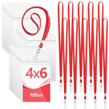 Imagem de Chuangdi 100 peças grandes porta-crachá de identificação transparente de 10 x 15 cm com cordão à prova d'água porta-cartões de identificação verticais etiquetas de plástico transparente bolsa de PVC