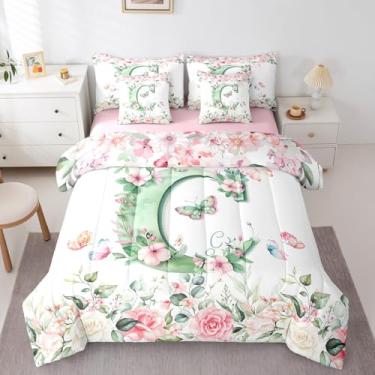 Imagem de Erosebridal Conjunto de cama com letra C com letra C, para crianças, meninos, meninas, verde e letra C, conjunto de cama solteiro, 7 peças, flores rosa, plantas de jardim, conjunto de cama