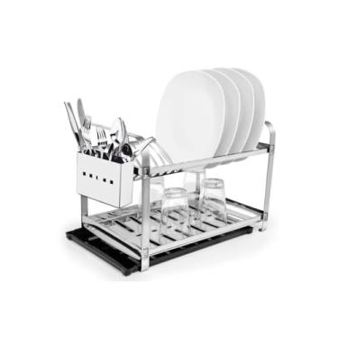 Imagem de Escorredor Inox 16 Pratos Secador Porta Talheres Inox Mais Bandeja Coletora(Preto)