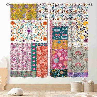 Imagem de Cortinas florais boho, flores vintage patchwork boêmio colorido primavera padrão retrô costura boêmio cortinas de janela tratamentos para sala de estar quarto cozinha banheiro 2 painéis, 106,7 cm x