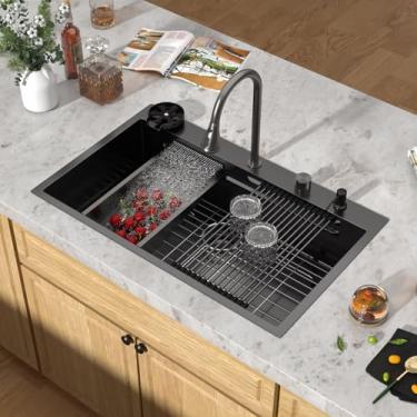Imagem de Talllor Pia de cozinha em cascata preta 36 – 91 x 55 cm, estação de trabalho inteligente para pia de cozinha de aço inoxidável calibre 16, tigela única sobre balcão, lavatório grande #TLWF-0013