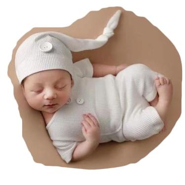 Imagem de Vemonllas Acessórios para fotografia de recém-nascidos, roupas para meninos e meninas, chapéu sonolento, gorro e macaquinho com pés, conjunto de fantasia para sessão de fotos (branco leite)
