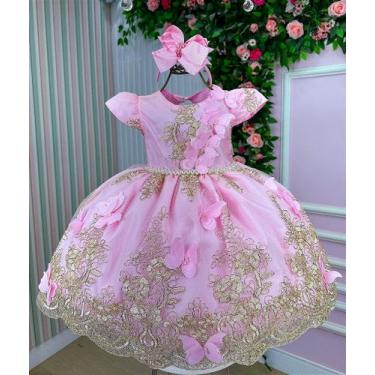 Imagem de Vestido Jardim Encantado Luxo Rosa com Renda Dourada para Crianças - F