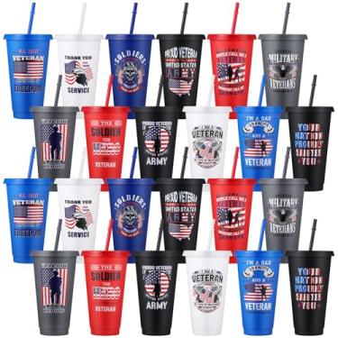 Imagem de Skylety 24 copos de plástico com tampas e canudos 680 g café gelado caneca de viagem copos reutilizáveis para colega de trabalho amigo presente de aposentadoria (Dia dos Veteranos)
