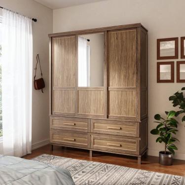 Imagem de Guarda-roupa Casal com Espelho 3 Portas de Correr e 4 Gavetas Atenas Imbuia Natural