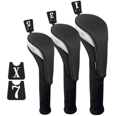 Imagem de Andux 3 peças/conjunto de capas de cabeça de madeira para motorista de golfe 460cc com pescoço longo e intercambiável número Pacote com 3 etiquetas, Long Neck, Black, MT/MG25