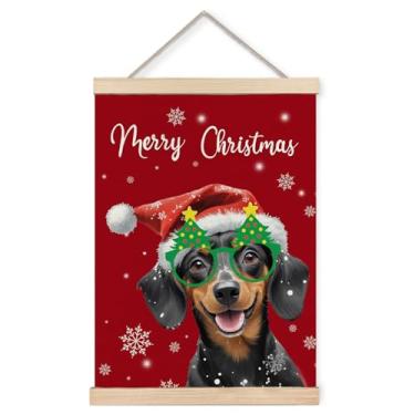 Imagem de Foritho Pôster vermelho de dachshund de Natal emoldurado, presentes para amantes de dachshund, estampa de tela de cachorro Weiner engraçado, Feliz Natal, inverno, decoração de parede para casa, quarto