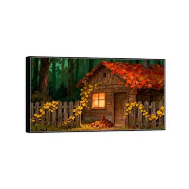 Imagem de BMZFYBS Arte de parede de outono imagem de paisagem - casa de árvore - impressões em tela vintage - pintura de moldura preta para sala de estar decoração de casa de fazenda 70 x 125 cm 27 x 49 pol