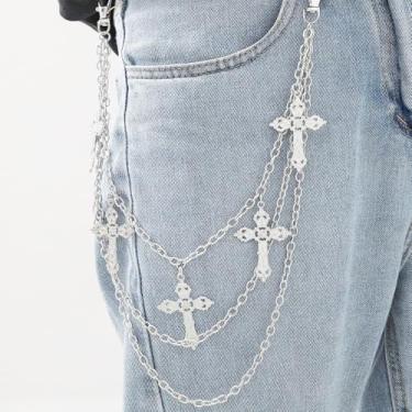 Imagem de Corrente de calça de prata para homens e mulheres corrente de bolso estrela cruz Jean acessórios punk, One Size, latão, Sem Pedra Preciosa