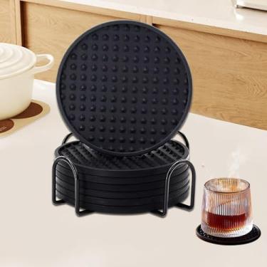 Imagem de [Pacote com 6 + 1] Porta-copos - Conjunto de porta-copos de silicone - Tapete de copo para bebidas - Live para bebidas quentes ou frias engrossado, antiderrapante, antiaderente, bandeja profunda preta