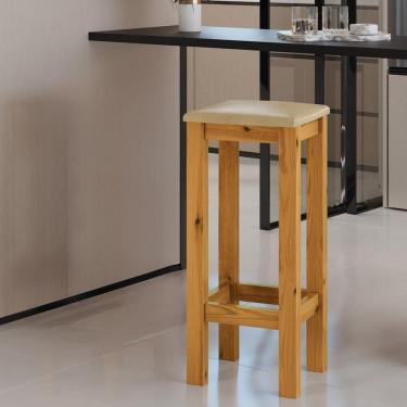 Imagem de Banqueta De Madeira Maciça Alta Mel Assento Estofado Corano Bege Mel