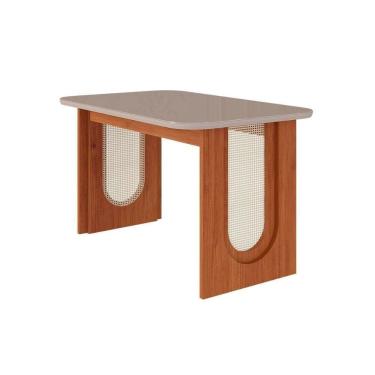 Imagem de Mesa Para Cozinha Valentina Com Tampo Madeirado Com Vidro 130x80cm Cinamomo Off White Cimol