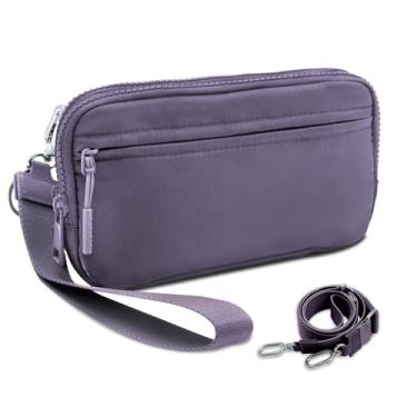 Imagem de JueiXeoy Carteira de pulso feminina quadriculada pequena bolsa transversal bolsa acolchoada de nylon porta-cartão de crédito com 4 zíperes, Roxa, One Size
