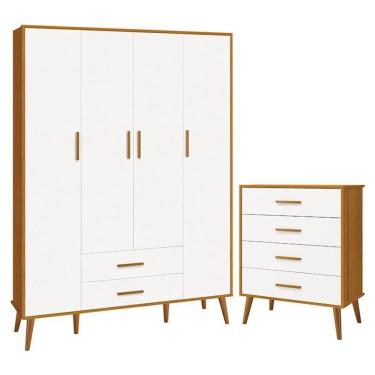 Imagem de Jogo De Quarto Infantil Isis Guarda Roupa 4 Portas E Cômoda 4 Gavetas Branco Savana - Reller Móveis Branco Savana