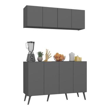 Imagem de Kit Armário De Cozinha Aéreo E Balcão 4 Portas Retrô Multimóveis Mp2170 Grafite/preto Grafite/preto