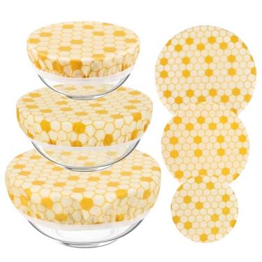 Imagem de 6 peças de tampas de tigela de cera de abelha, tampas de tigela reutilizáveis de 3 tamanhos, tampas de recipientes de armazenamento de cozinha para alimentos, pão, frutas e sobras (novas)