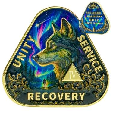 Imagem de Leafence Moeda de Sobriedade Lobo Medalhão de Recuperação AA Unity Service Recovery Chip Inspirational Sobriety Recovery Medalhões Alcoólicos Anônimos Token (Wolf Sobriety Coin, 4 Anos)